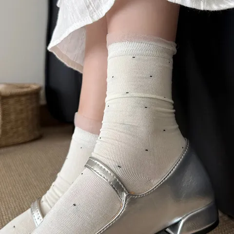 Calcetines de media pantorrilla de algodón casuales para mujer con lunares Calcetines Slouch de encaje de organza dulce Primavera Verano Medias delgadas
