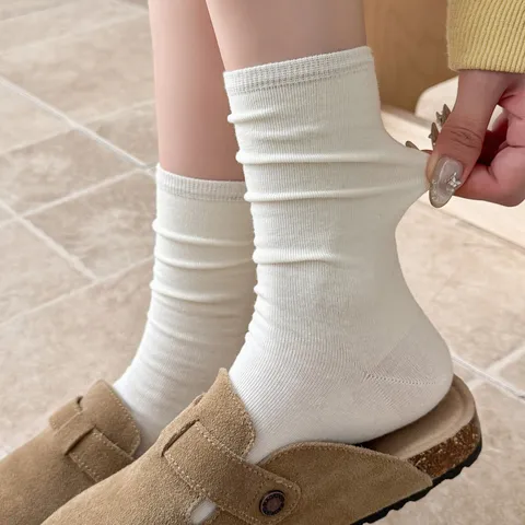 Calcetines Slouch de Algodón de Color Sólido para Mujer Tubo Medio Punto Acanalado Transpirable Suave Uso Diario Moda