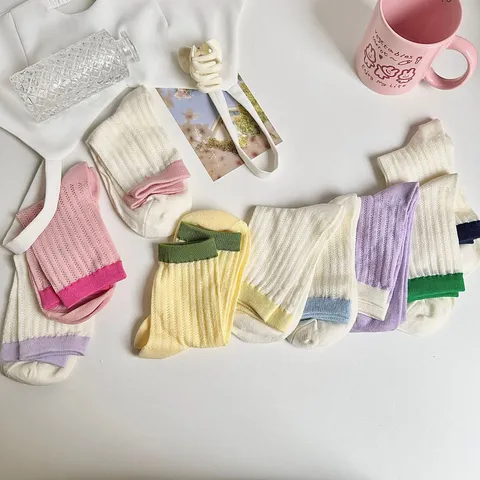 Calcetines de Tripulación Calados de Estilo Japonés para Mujer Algodón Transpirable Color Sólido Puño de Contraste Calcetines de Moda Casual