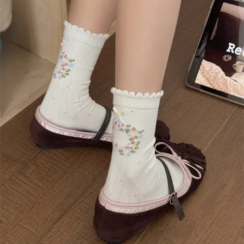 Calcetines de Media Caña Dulces con Lazo de Encaje y Malla Floral para Mujer Casual Transpirable de Algodón Calcetines Apilados de Moda