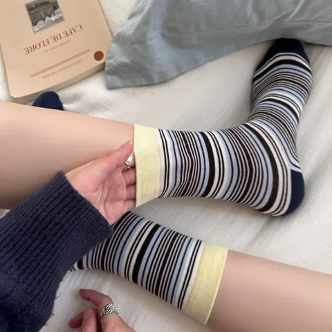 Calcetines de Media Pantorrilla A Rayas Retro Para Mujer Calcetines Slouch de Algodón Bloque de Color Japonés Casual Versátil Vintage