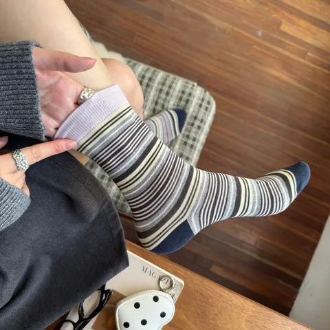 Calcetines de Media Pantorrilla A Rayas Retro Para Mujer Calcetines Slouch de Algodón Bloque de Color Japonés Casual Versátil Vintage