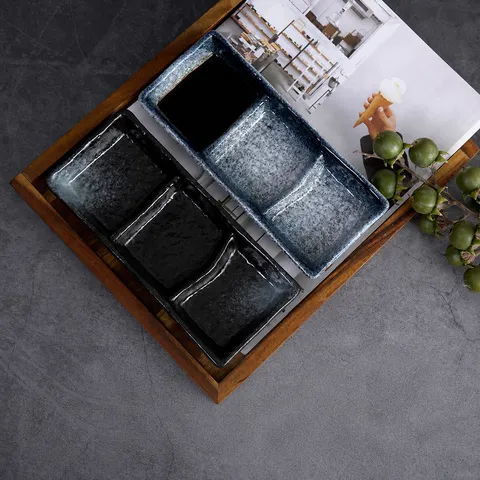 Japanese Style Ceramic Divided Dipping Sauce Dish Rectangular Three Compartment Seasoning Plate For Hot Pot BBQ Tableware