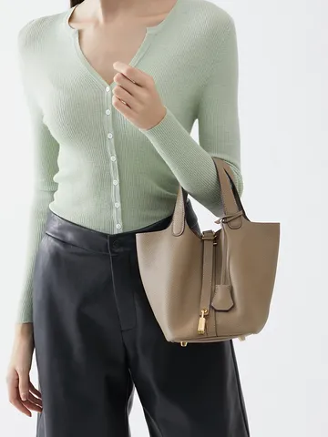 Echtleder Eimertasche für Damen Vintage Henkeltasche Klein Einfarbig Lässig Schlossverschluss Tägliche Umhängetasche