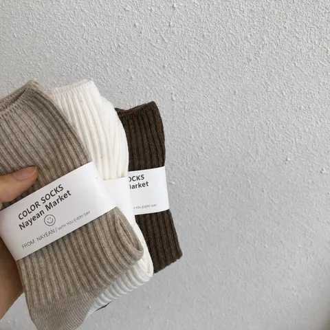 Calcetines de Media Pantorrilla de Algodón de Color Sólido Casual para Mujer Calcetines Básicos de Punto Acanalado