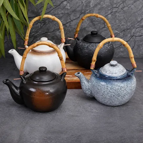 Tetera de Cerámica Retro Japonesa Con Mango de Bambú Tetera Esmaltada Vintage Para Restaurante Cocina
