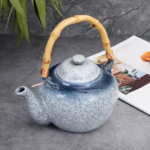 Théière en Céramique Rétro Japonaise Avec Poignée en Bambou Théière Émaillée Vintage Pour Restaurant Cuisine