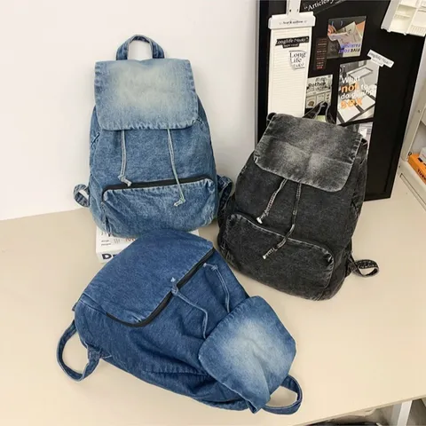 Retro Casual Denim Backpack For Women Solid Color Large Capacity Rucksack Urban Minimalist Washed Distressed Travel School Bag