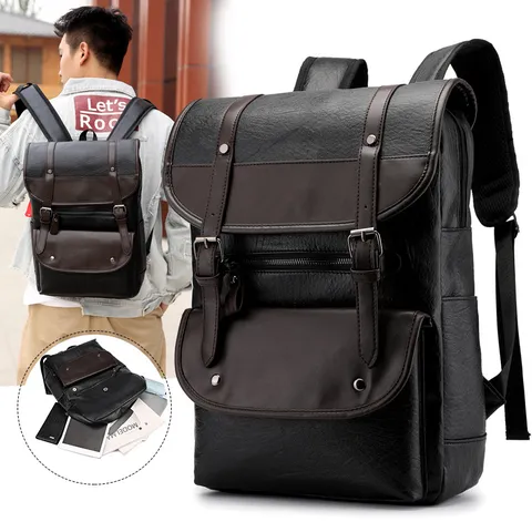 Mochila de Cuero PU Retro para Hombre Gran Capacidad Bolso de Hombro para Ordenador Portátil Business Impermeable Viaje Casual