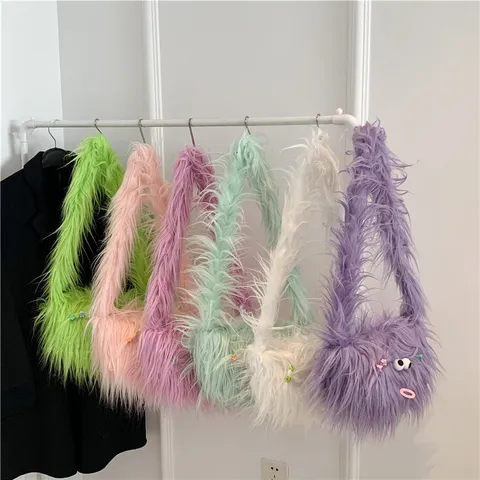 Süße Langflorig Plüsch Umhängetasche Für Damen Handgemacht Samt Winter Kleine Quadratische Tasche Mit Lustigen Großen Augen