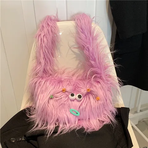 Süße Langflorig Plüsch Umhängetasche Für Damen Handgemacht Samt Winter Kleine Quadratische Tasche Mit Lustigen Großen Augen