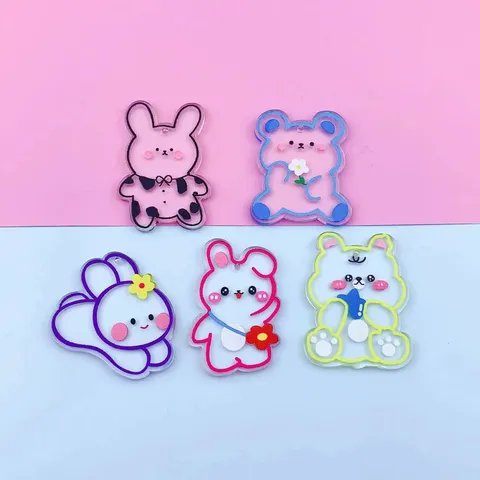 Acrylique Double Face Transparent Dessin Animé Ours Lapin Animal Breloques DIY Fabrication de Bijoux Accessoires Sac Porte-clés Pendentif