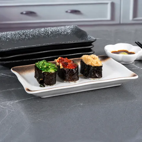 Japanischer Stil Rechtwinkolig Keramik Wellenplatte Kommerzielle Sushi Snack Schüssel Glasiertes Geschirr Für Restaurant
