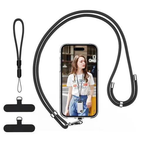 Solid Color Round Cord Mobile Phone Lanyard Crossbody Neck Strap Anti Loss Sturdy Wristband Keychain Set For Daily Outdoor