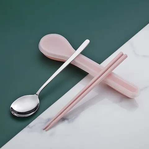 Ensemble de Couverts Portable en Acier Inoxydable Cuillère et Baguettes avec Boîte de Rangement