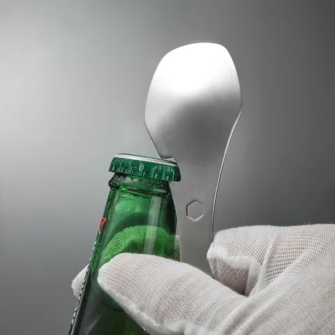 Cuillère-fourchette Multifonctionnelle en Acier Inoxydable Ouvre-bouteille Vaisselle de Camping Extérieure