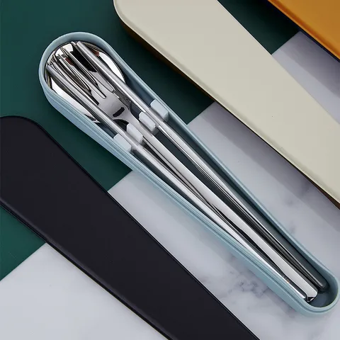Tragbares Edelstahl Geschirrset Stäbchen Löffel Gabel Reise Besteck Minimalistisch Zweifarbige Aufbewahrungsbox