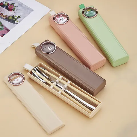 Tragbares Edelstahl Besteck Set Cartoon Tier Aufbewahrungsbox Stäbchen Löffel Gabel Schüler Besteck Set