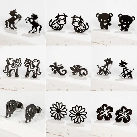 Edelstahl Süß Cartoon Einhorn Kuh Bär Ohrstecker Schwarz Gold Silber Hohl Herz Tier Piercing Helix Ohrringe Für Damen Herren Kinder