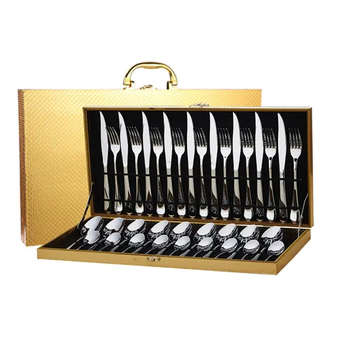Ensemble de Couverts de Style Occidental en Acier Inoxydable Vaisselle de Cuisine avec Boîte Cadeau en Bois Doré pour Repas à la Maison Couteau Fourchette Cuillère