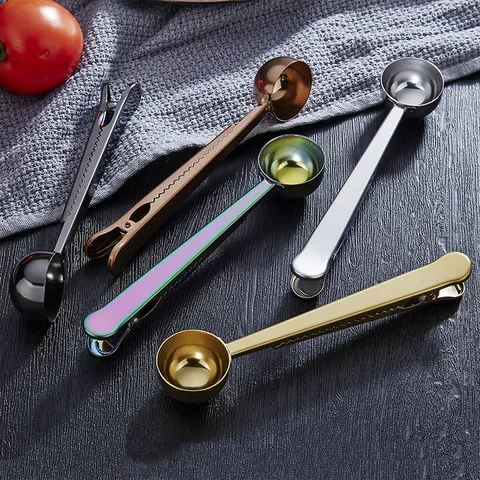 Cuillère à Café en Acier Inoxydable Avec Pince de Scellement 2 en 1 Cuillère Doseuse Cuisine Poudre de Lait Outil Multifonctionnel
