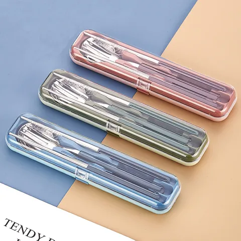 Ensemble de Vaisselle Portable en Acier Inoxydable Cuillère Fourchette Baguettes Peintes Avec Boîte de Rangement Pour Étudiant