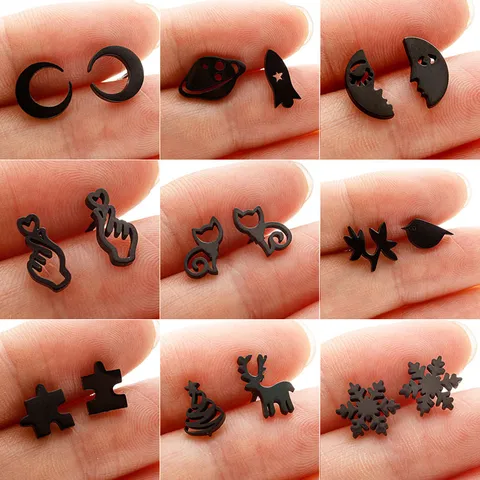 Asymmetric Stainless Steel Stud Earrings For Men Women Moon Rocket Planet Face Puzzle Hip Hop Punk Minimalist Jewelry Gift