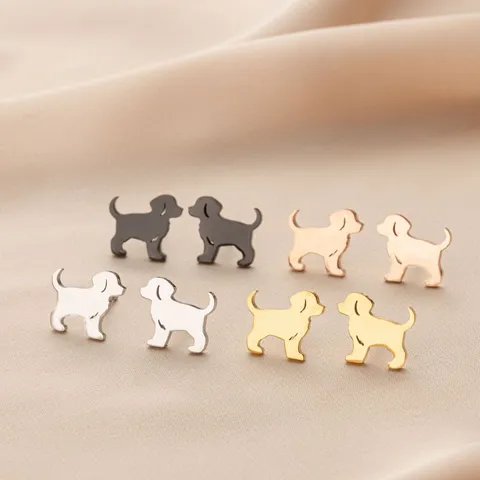 Cute Stainless Steel Cat Dog Animal Stud Earrings For Women Men Creative Hollow Heart Cutout Geometric Silhouette Piercing Jewelry Gift