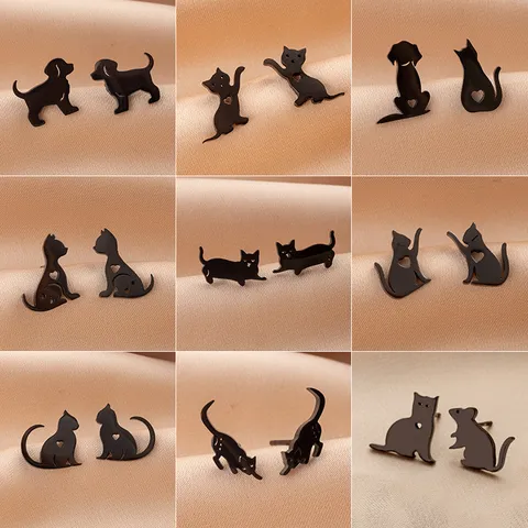Cute Stainless Steel Cat Dog Animal Stud Earrings For Women Men Creative Hollow Heart Cutout Geometric Silhouette Piercing Jewelry Gift