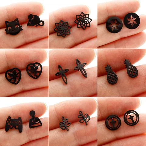 Stainless Steel Asymmetric Stud Earrings Hollow Out Cat Mouse Mandala Snowflake Earrings Geometric Jewelry For Unisex