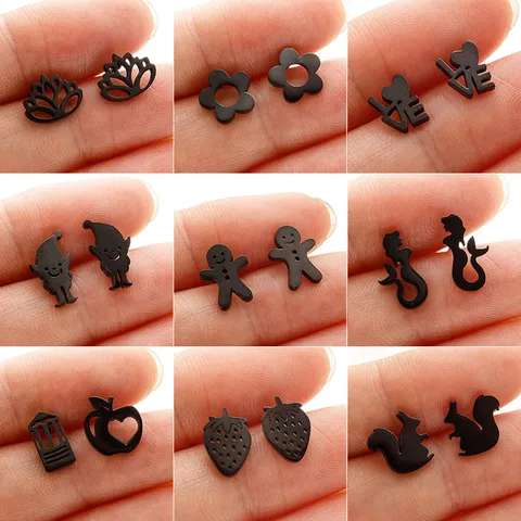 Stainless Steel Hollow Lotus Flower Stud Earrings Chic Asymmetrical Letter Love Heart Ear Piercing Jewelry For Women Men