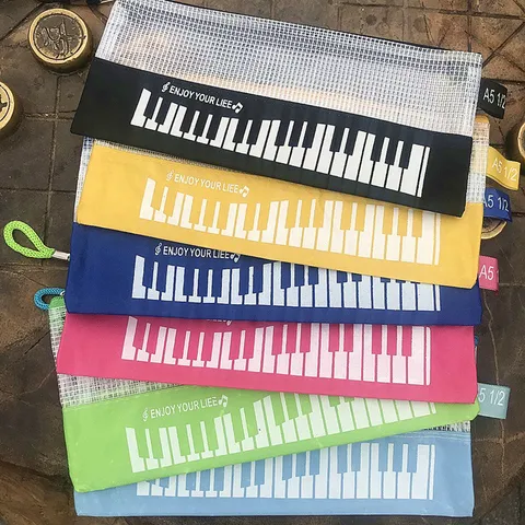 Estuche para Lápices con Patrón de Teclado de Piano Creativo Bolsa de Papelería de Malla de PVC Bolsita de Almacenamiento con Cremallera para Escuela