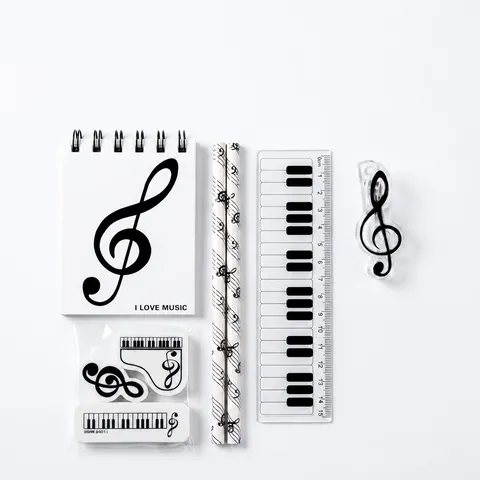 Juego de Papetería con Tema Musical Lindo Diseño de Piano Nota Musical Cuaderno Lápiz Regla Borrador Bolsa de Almacenamiento
