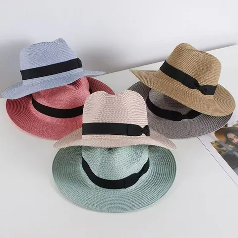 Unisex Summer Straw Hat Classic Panama Fedora Ribbon Sun Hat Breathable Foldable Beach Sunshade Sun Protection Outdoor Vacation Travel Jazz Hat