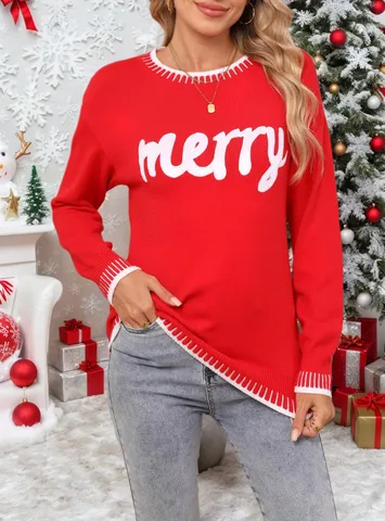 Maglione Pullover Natalizio da Donna Manica Lunga Girocollo Top Lavorato a Maglia Motivo Lettere Festive Moda Autunno Inverno