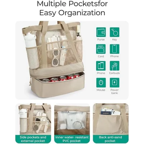 Grand Capacité Mesh Sac Cabas de Plage Avec Poches Zippées Sac Isotherme Isolé Pliable Sac de Piscine Natation Pour Femmes