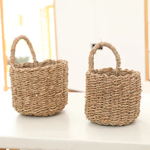 Handmade Woven Seagrass Storage Basket Hanging Storage Bin Wicker Organizer For Home Living Room Bedroom Daily Sundries