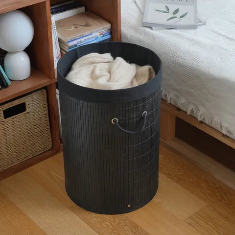 Foldable Bamboo Laundry Hamper with Lid Large Round Woven Clothes Storage Basket for Bedroom Bathroom