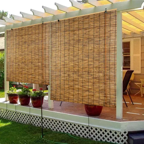 Natural Reed Roller Blind Roll Up Window Shade Carbonized And Original Color Sunscreen Breathable Curtain For Patio Garden Home Decor