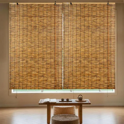 Natural Reed Roller Blind Roll Up Window Shade Carbonized And Original Color Sunscreen Breathable Curtain For Patio Garden Home Decor