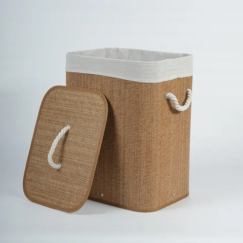 Woven Bamboo Laundry Hamper Storage Basket With Lid And Cotton Rope Handles Foldable Clothes Organizer For Home Bedroom