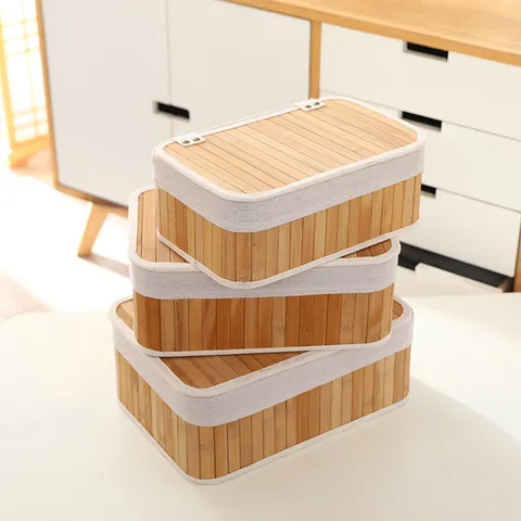 Handmade Bamboo Woven Storage Basket With Lid Set Desktop Storage Box Living Room Laundry Hamper Multi-Functional Home Organizer