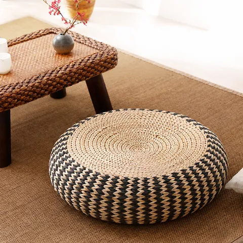 Japanese Straw Woven Meditation Cushion Thickened Round Floor Stool Tatami Pouf For Balcony Home Decor