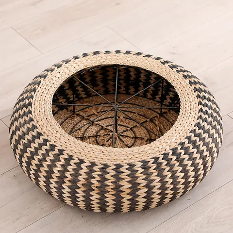 Japanese Straw Woven Meditation Cushion Thickened Round Floor Stool Tatami Pouf For Balcony Home Decor