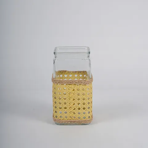 Handmade Rattan Woven Glass Vase Hydroponic Plant Container Vintage Pastoral Home Decor Tabletop Ornament