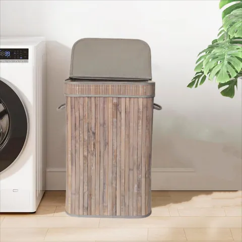 Foldable Bamboo Laundry Hamper with Lid Large Capacity Washed Grey Woven Storage Basket for Dirty Clothes Living Room