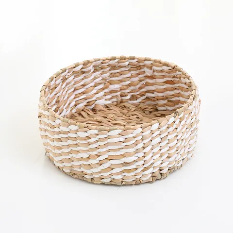Handmade Woven Straw Storage Basket Desktop Key Cosmetic Organizer Black White Striped Storage Baskets Home Decor