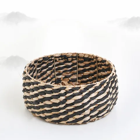 Handmade Woven Straw Storage Basket Desktop Key Cosmetic Organizer Black White Striped Storage Baskets Home Decor