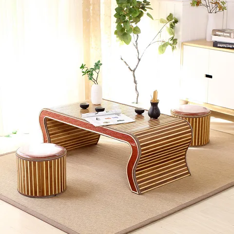 Traditional Bamboo Tatami Coffee Table Antique Sinology Study Desk Woven Tea Table For Home School Living Room