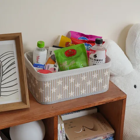 Panier de Rangement Pliable en Bambou Tissé Motif Étoile Tissu Organisateur de Bureau pour Vêtements et Articles Divers